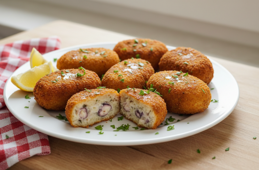 Croquetas de pulpo doradas y crujientes en plato blanco con limón y perejil
