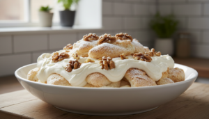 Postre de nata con nueces y merengue horneado en bol blanco
