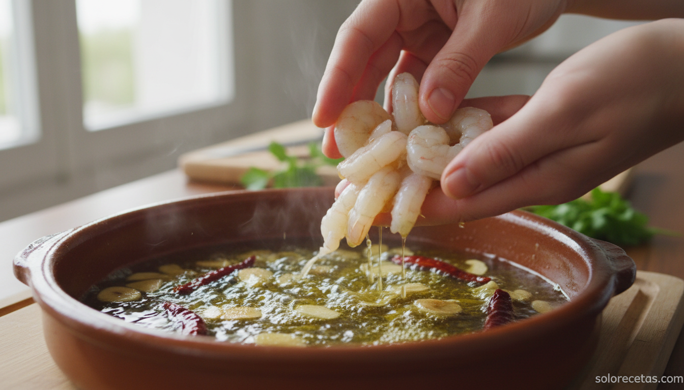 Gambas al pil pil: receta clásica en cazuela de barro 1 Añadiendo gambas al aceite caliente con ajo dorado en cazuela de barro