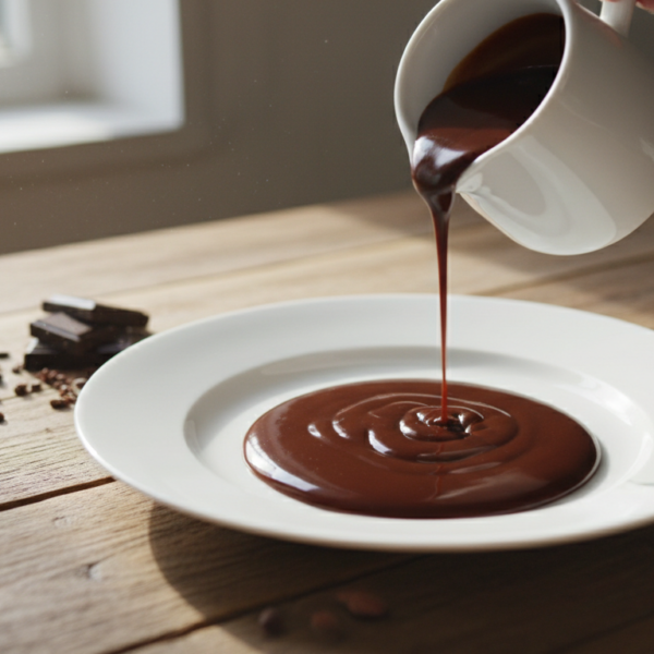 Salsa de cacao casera vertida sobre un plato blanco