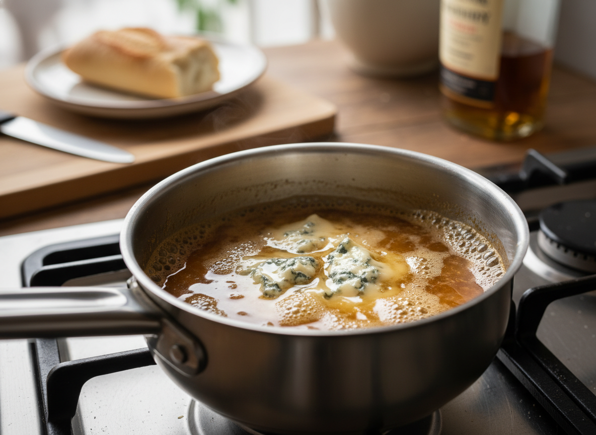Salsa de roquefort y whisky reduciéndose en la sartén