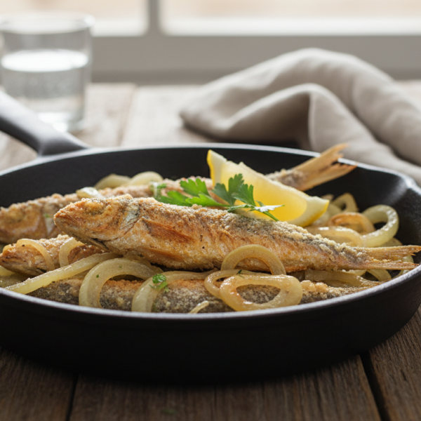 Salmonetes fritos encebollados en sartén con cebolla dorada