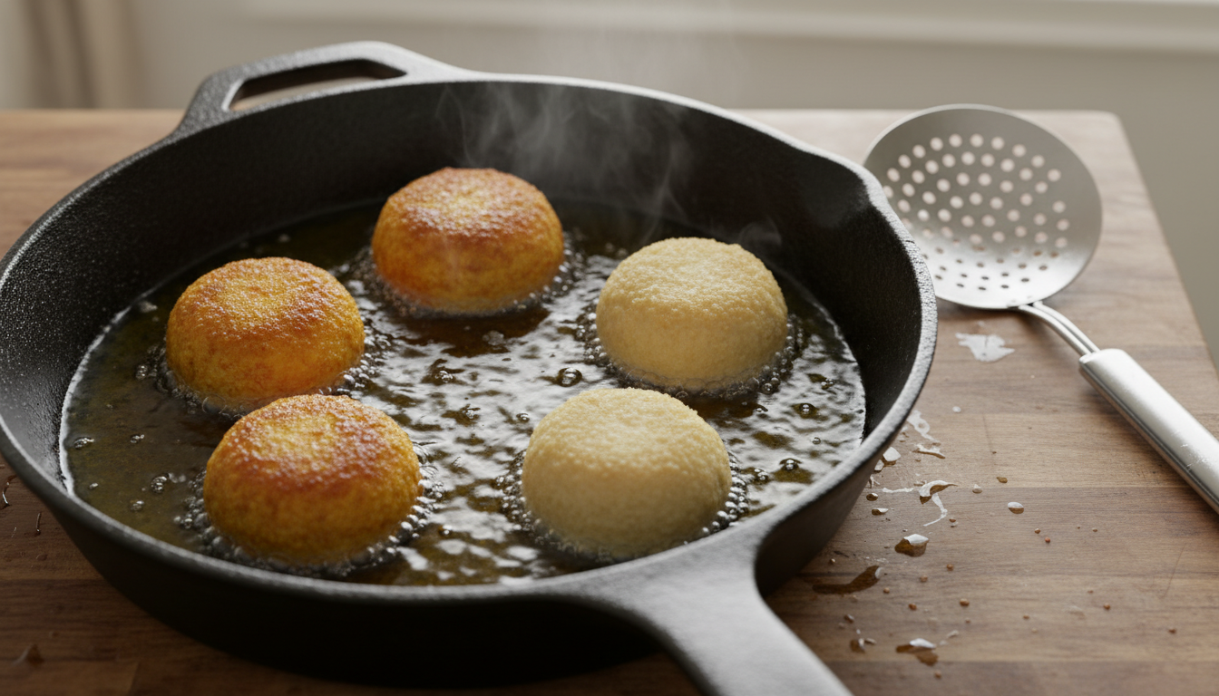 Croquetas de pulpo friéndose en sartén con aceite de oliva caliente