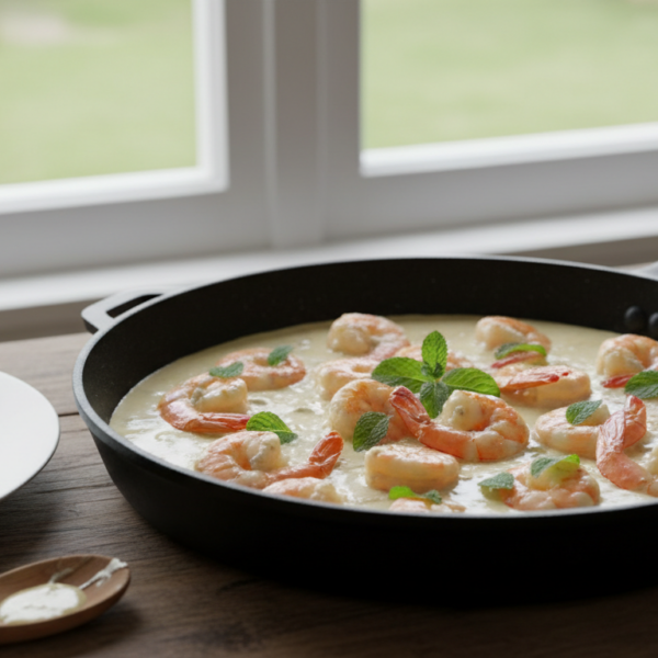 Gambas a la menta con café y nata en sartén