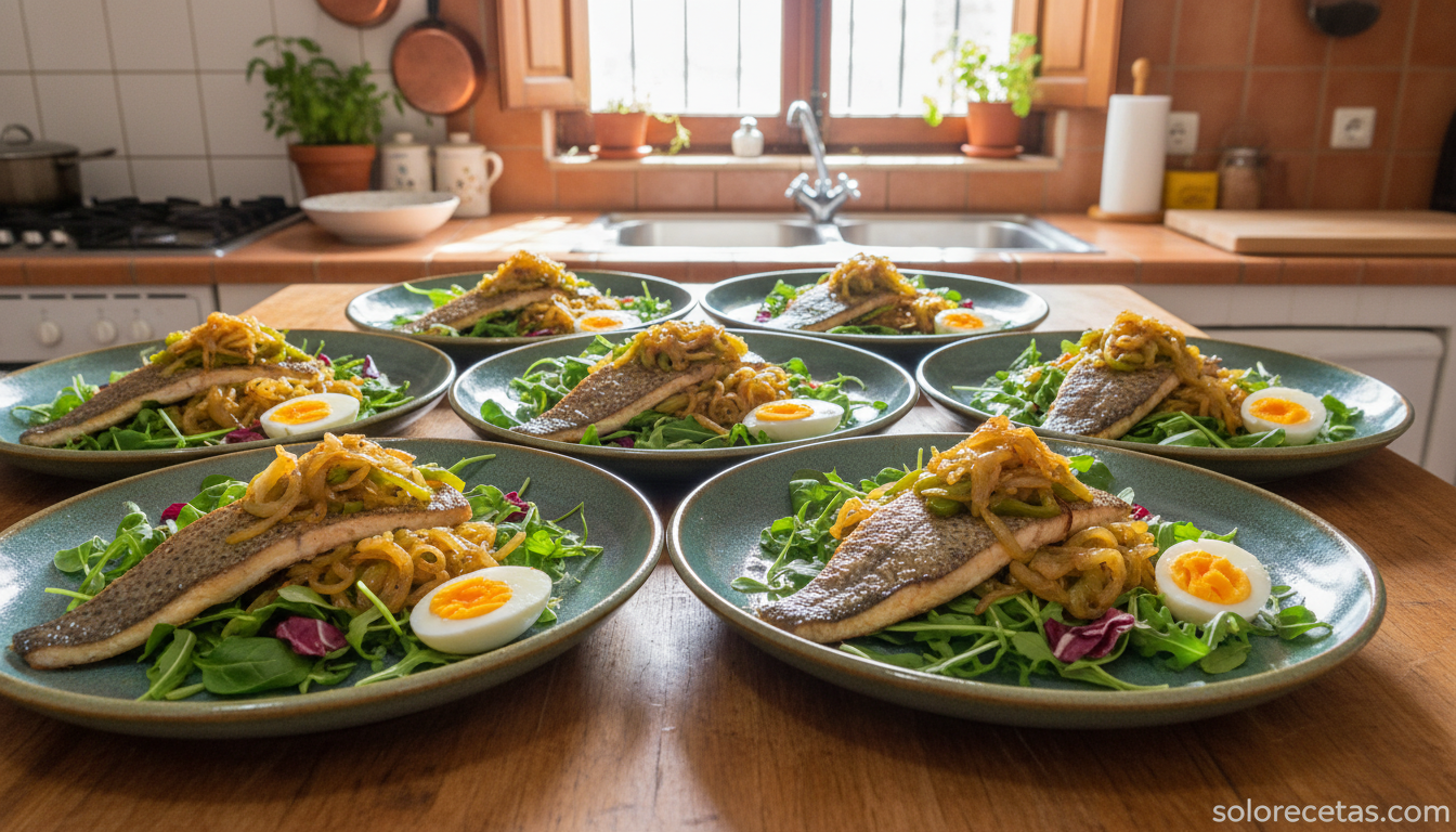 Seis platos de ensalada de trucha emplatados con lechuga cebolla y huevo