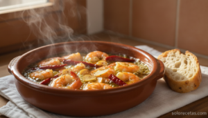 Gambas al pil pil en cazuela de barro con ajo y guindilla chisporroteando