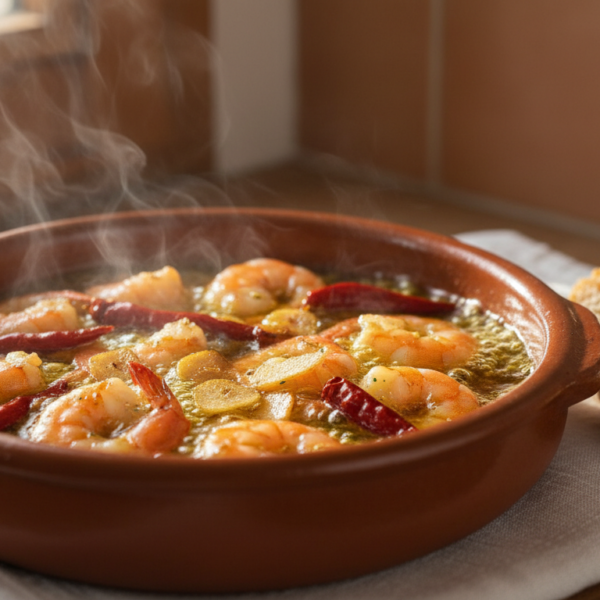Gambas al pil pil en cazuela de barro con ajo y guindilla chisporroteando
