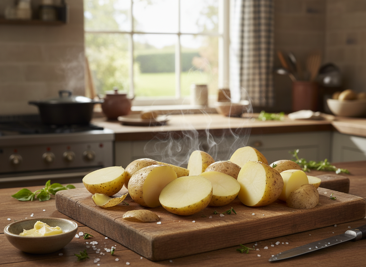 Patatas cocidas peladas y cortadas en rodajas para ensalada alemana