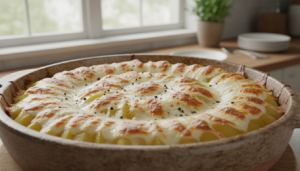 Patatas cocidas con queso fresco gratinado en fuente de horno