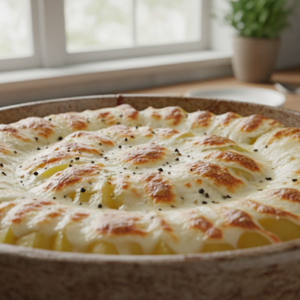 Patatas cocidas con queso fresco gratinado en fuente de horno