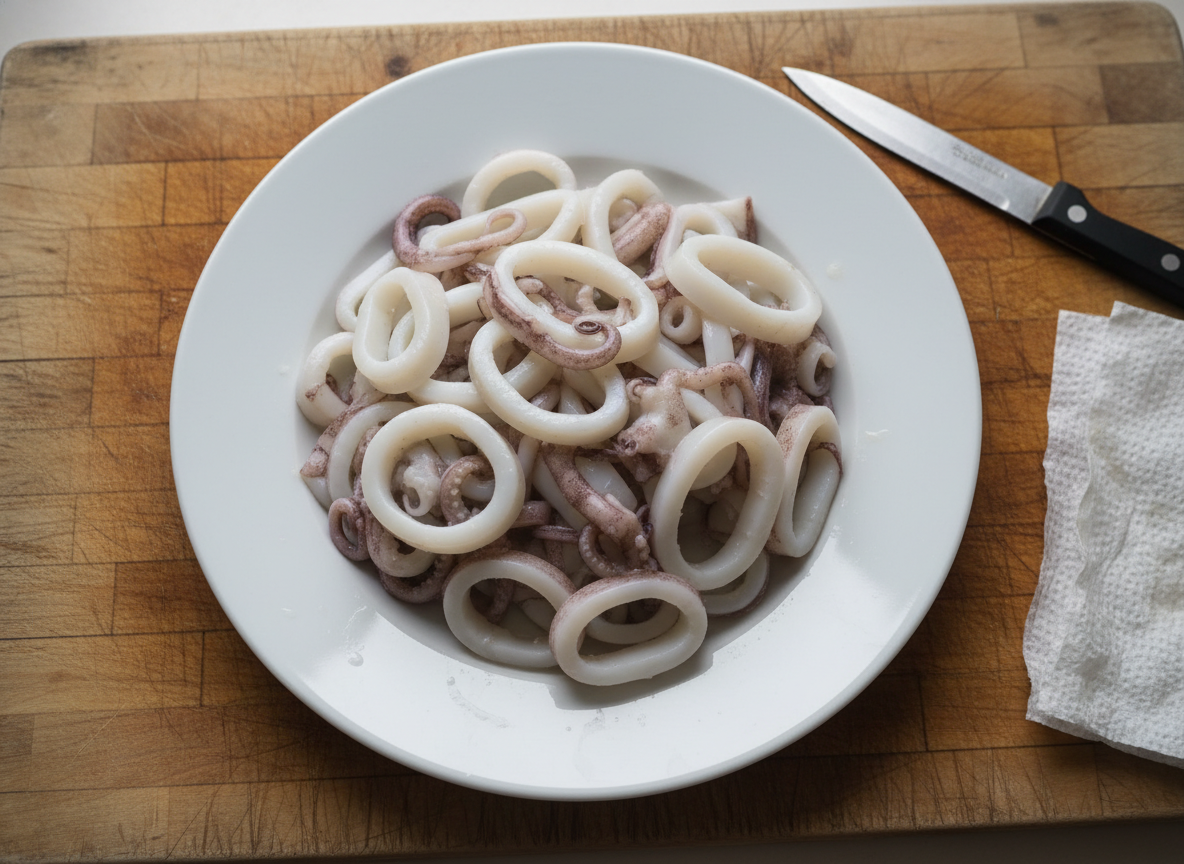 Calamares limpios y cortados en aros sobre una tabla de madera junto a un cuchillo