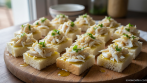 Tapa de bacalao al ajillo marinado sobre cuadraditos de pan de molde