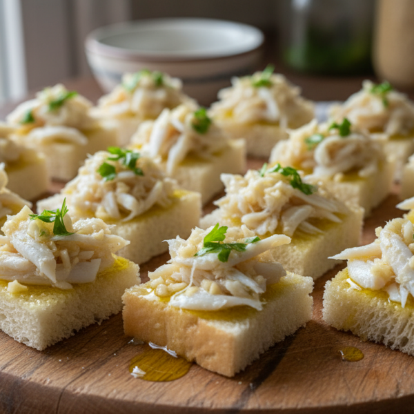 Tapa de bacalao al ajillo marinado sobre cuadraditos de pan de molde