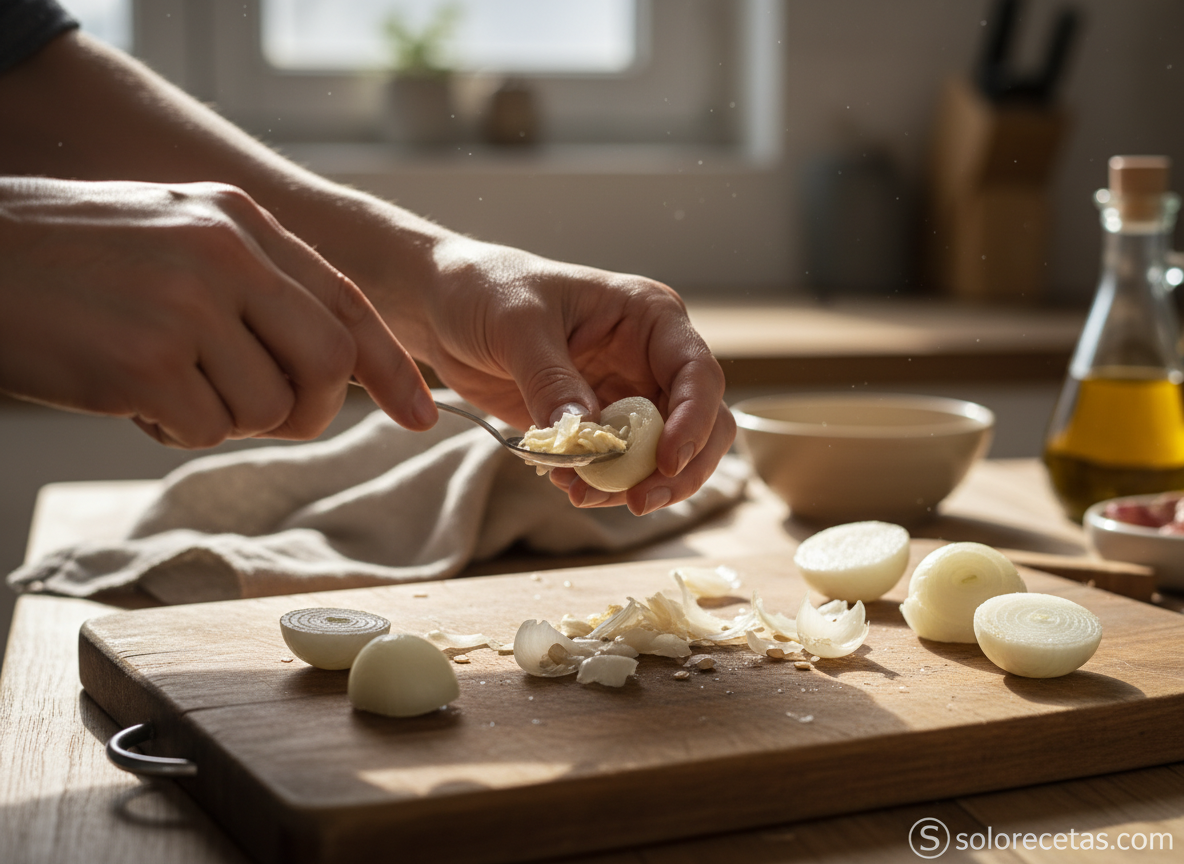 Vaciando las cebollas con una cuchara para preparar el relleno