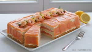 Pastel de salmón ahumado frío decorado con gambas, langostinos y eneldo sobre bandeja blanca