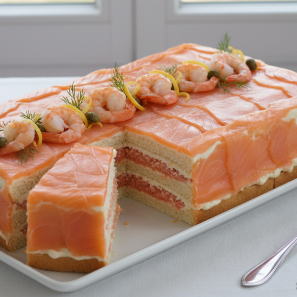 Pastel de salmón ahumado frío decorado con gambas, langostinos y eneldo sobre bandeja blanca