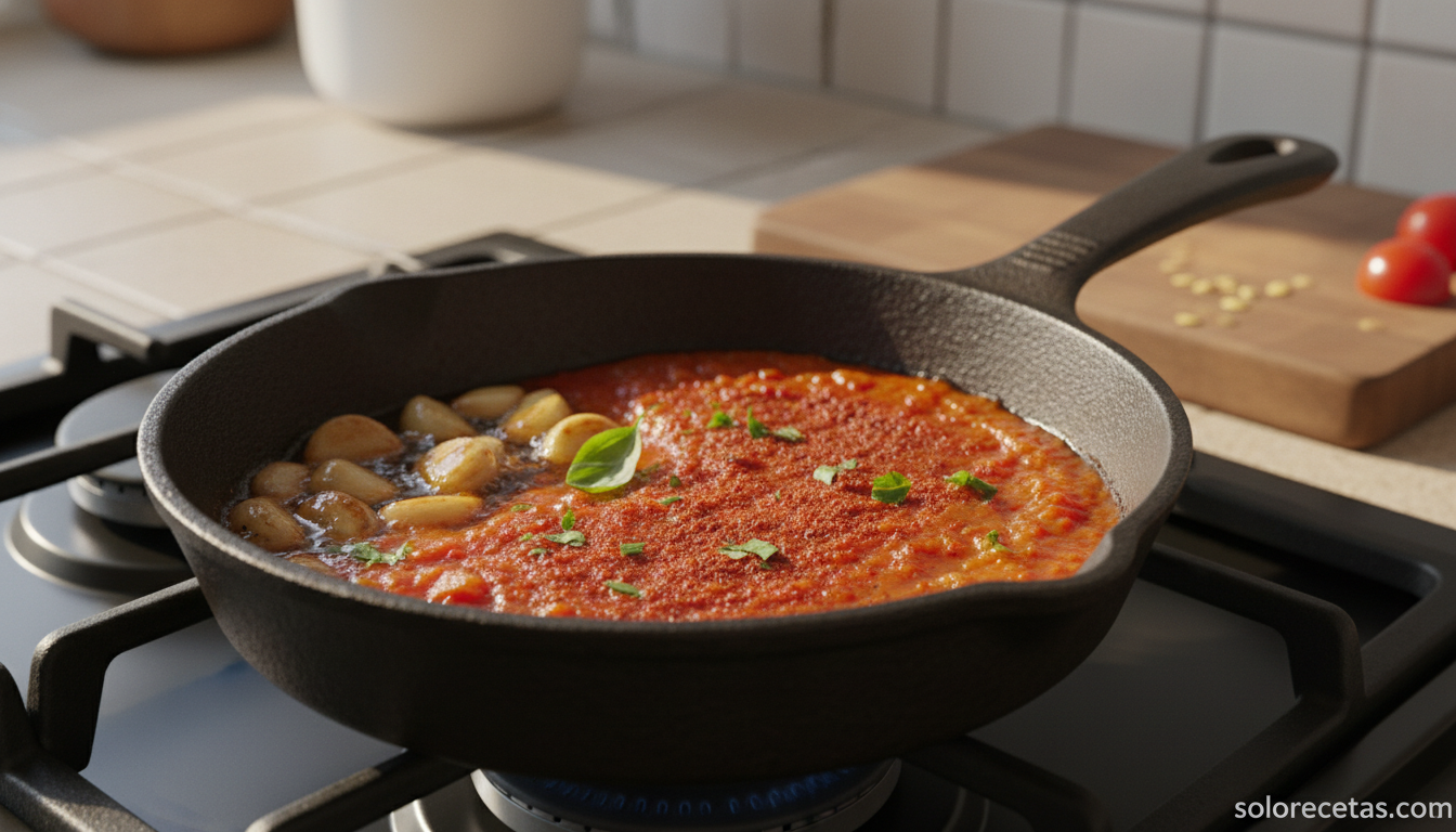 Potaje de vigilia casero: habichuelas y alcachofas 1 Sofrito de tomate y pimentón para el potaje de vigilia