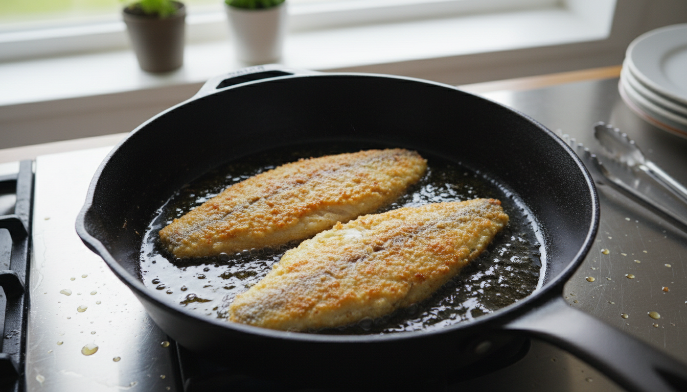 Filetes de lenguado rebozados friéndose en aceite de oliva caliente