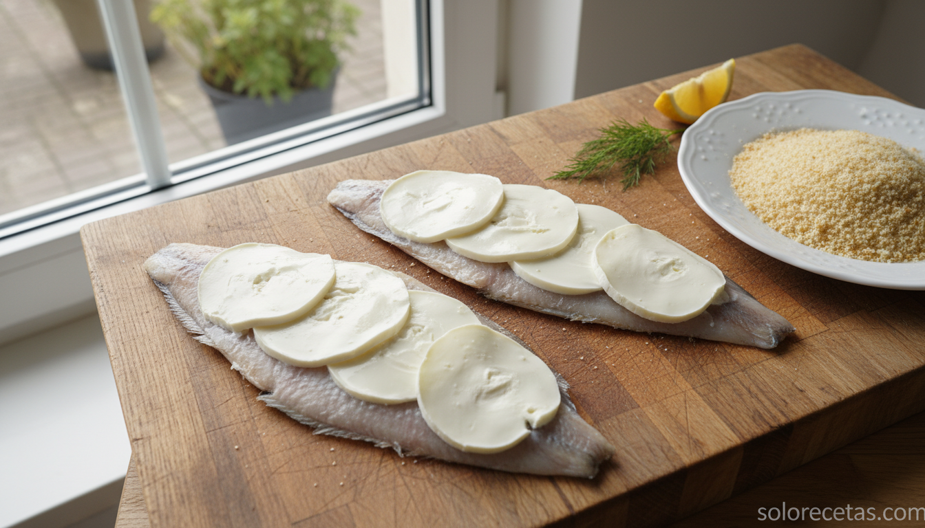 Filetes de lenguado con lonchas de queso cremoso preparados para hornear
