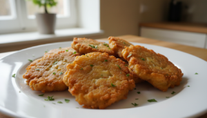 Tortillas de bacalao crujientes con perejil en plato blanco