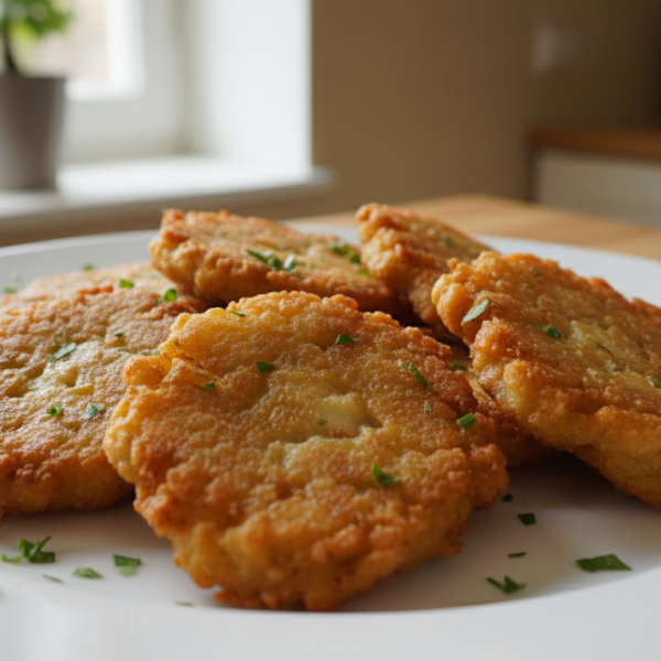Tortillas de bacalao crujientes con perejil en plato blanco