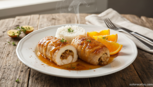 Pechugas de pollo a la naranja con salsa agridulce caramelizada y arroz blanco