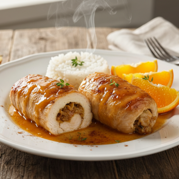Pechugas de pollo a la naranja con salsa agridulce caramelizada y arroz blanco
