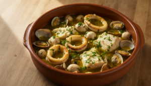 Cazuela de barro con calamares, champiñones, mero, almejas y chirlas recién cocinados