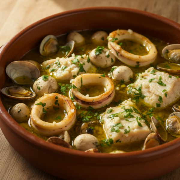 Cazuela de barro con calamares, champiñones, mero, almejas y chirlas recién cocinados