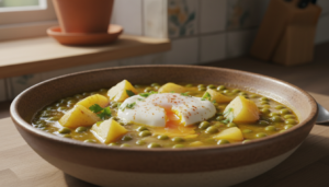 Guisantes al huevo con patatas y salsa de avellanas en bol de cerámica