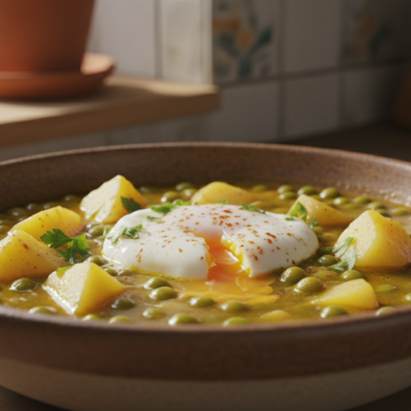 Guisantes al huevo con patatas y salsa de avellanas en bol de cerámica