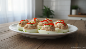 Spanish stuffed eggs huevos rellenos de atun on white plate, egg halves with tuna mayonnaise mixture topped with red peppe...