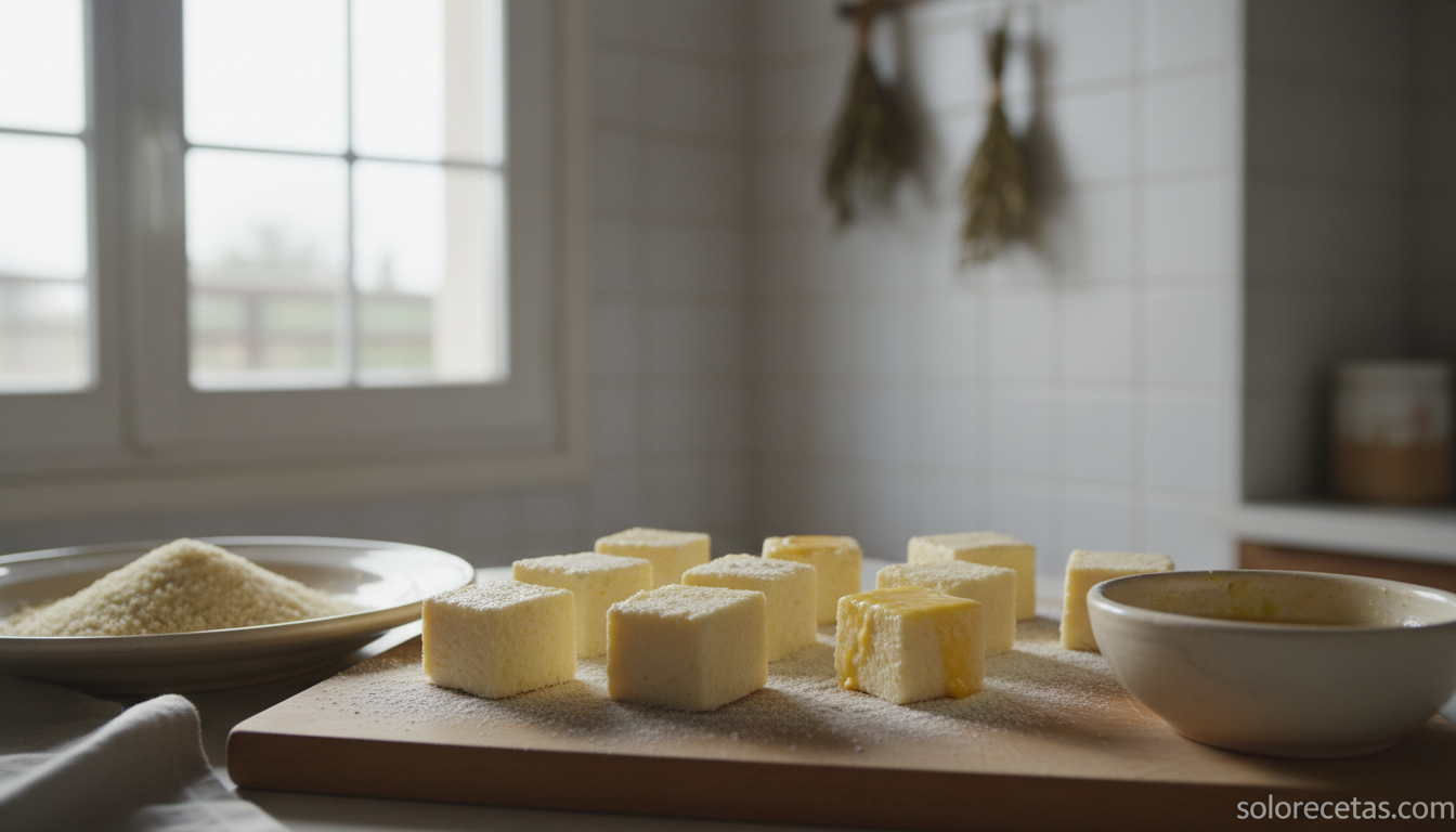 Leche frita casera: receta tradicional crujiente paso a paso 2 Cuadrados de leche frita rebozados en harina y huevo listos para freír