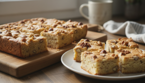 Brownie de chocolate blanco con avellanas y nueces emplatado