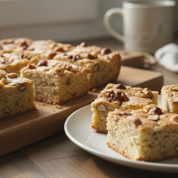 Brownie de chocolate blanco con avellanas y nueces emplatado