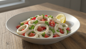 Ensalada de calamares con tomate cilantro y aderezo de limón en bol blanco