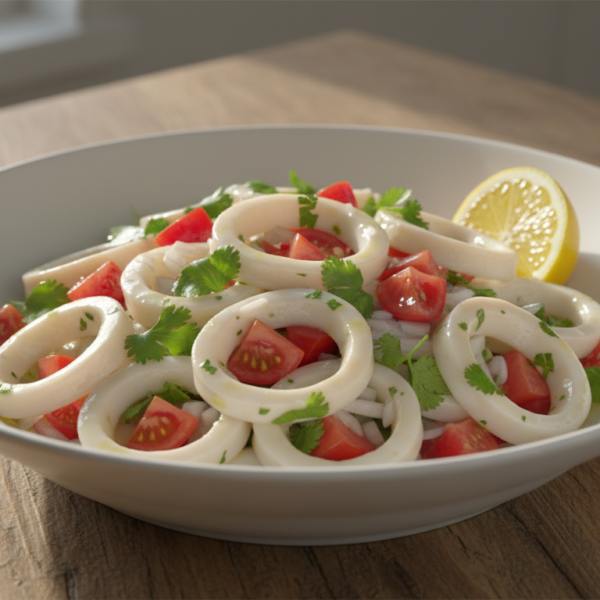 Ensalada de calamares con tomate cilantro y aderezo de limón en bol blanco