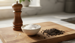 Sal en escamas y pimienta en grano sobre tabla de madera