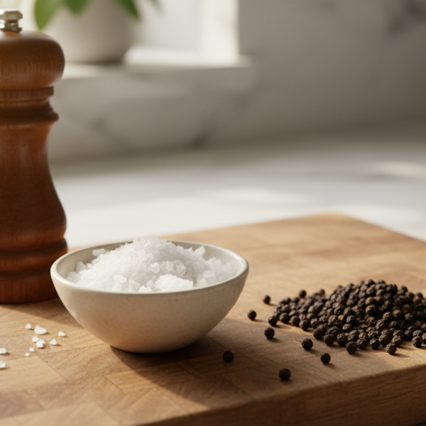 Sal en escamas y pimienta en grano sobre tabla de madera