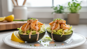 Aguacates rellenos de gambas con salsa rosa y lechuga