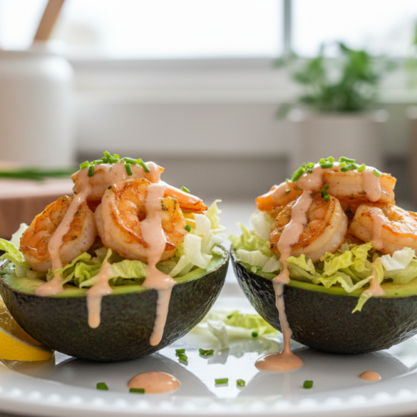 Aguacates rellenos de gambas con salsa rosa y lechuga