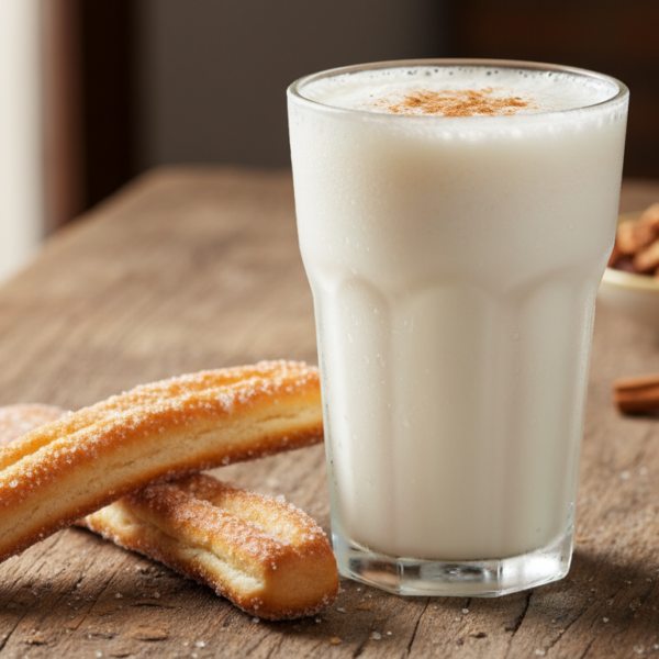 Vaso de horchata de chufa valenciana con canela molida y fartons