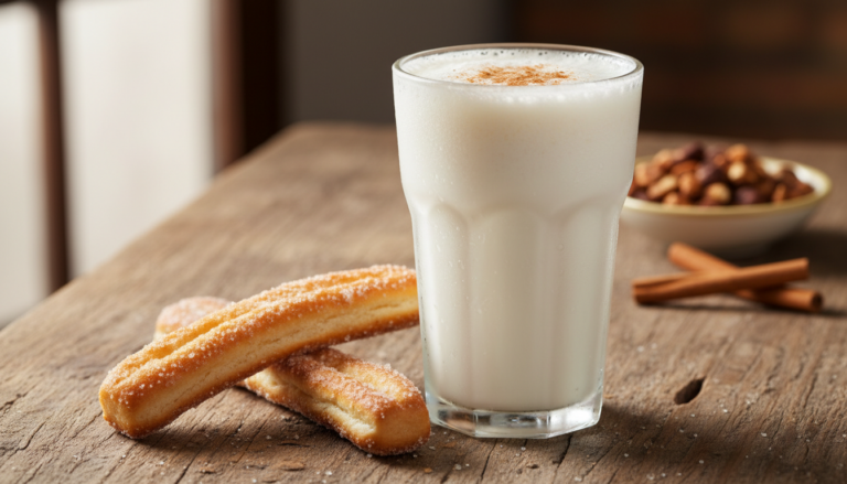 Vaso de horchata de chufa valenciana con canela molida y fartons