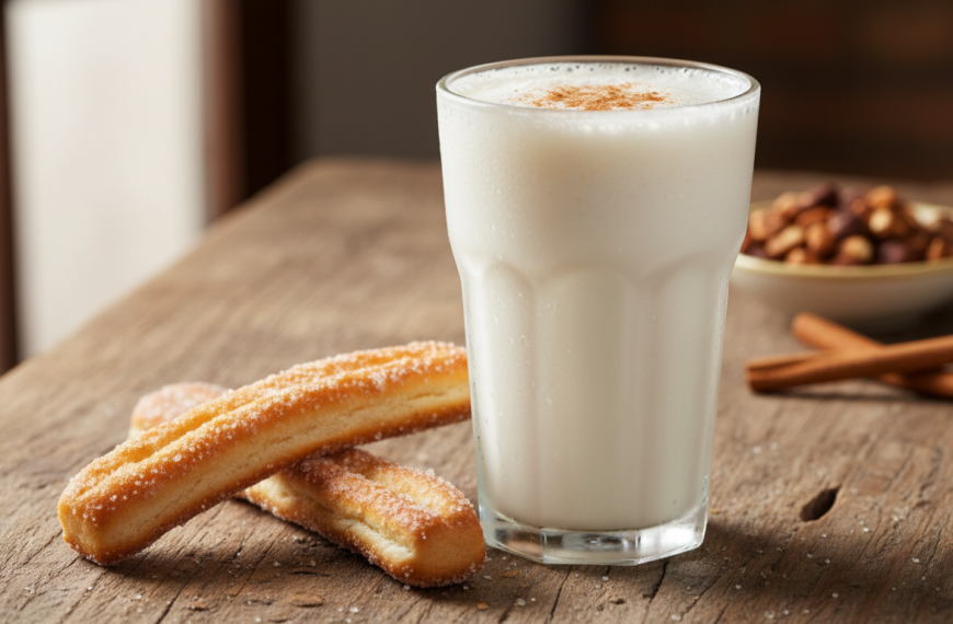 Vaso de horchata de chufa valenciana con canela molida y fartons