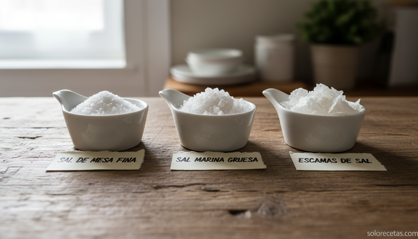 Tres tipos de sal en boles ceramicos: sal fina, sal gorda y escamas
