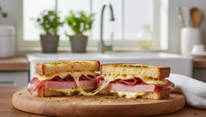 Sándwich tostado de jamón york, jamón serrano y queso fundido