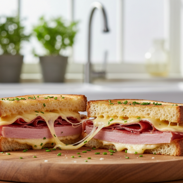 Sándwich tostado de jamón york, jamón serrano y queso fundido