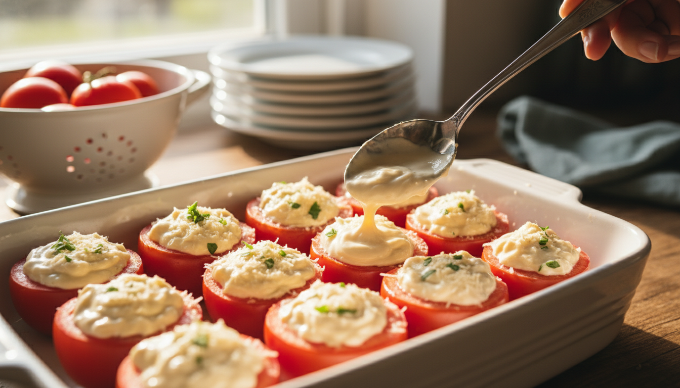 Tomates nevados gratinados con crema de parmesano 2 Rellenando los tomates con la crema de parmesano antes de gratinar