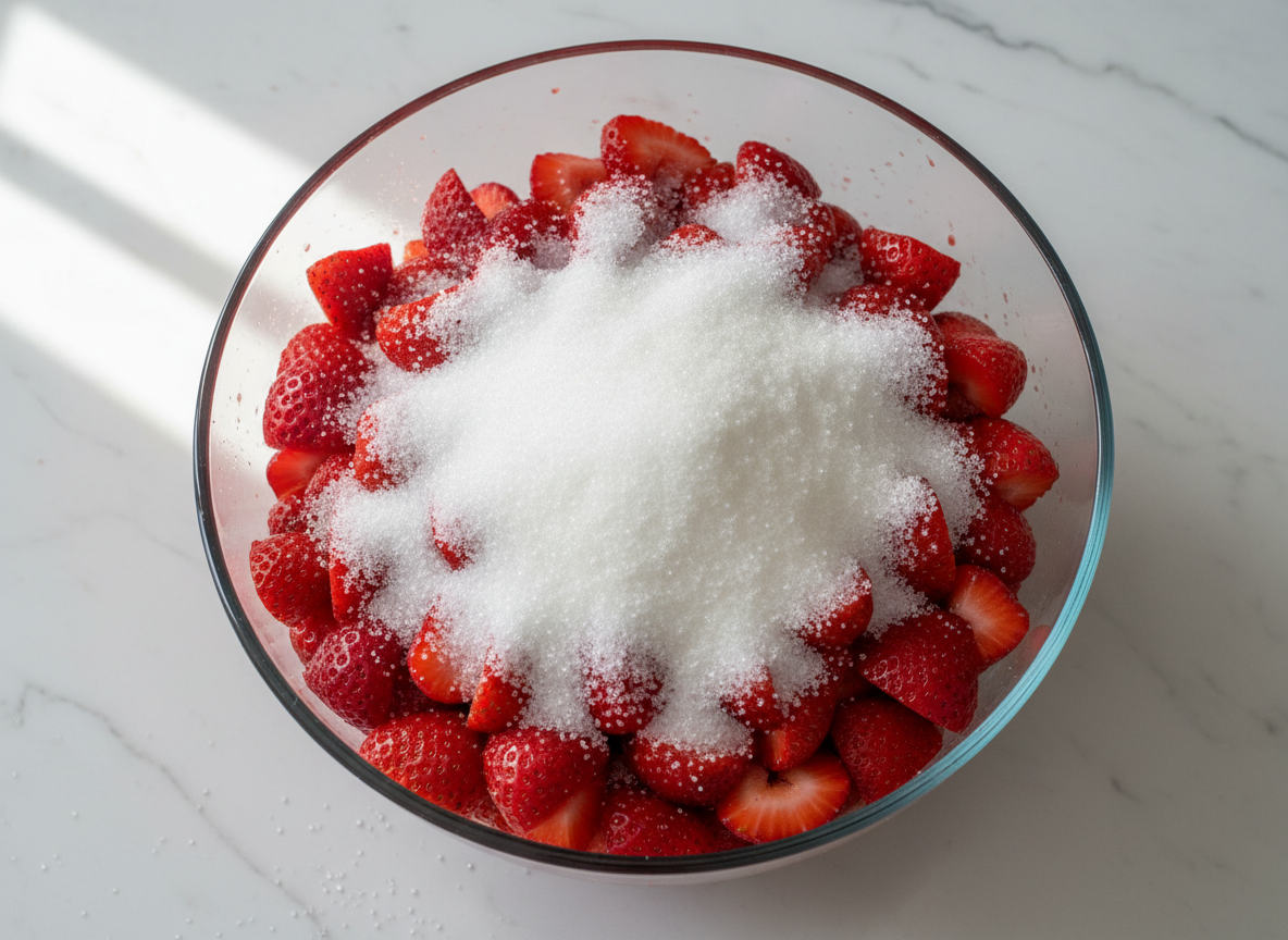 Bol de cristal con capas de fresas troceadas y azúcar listo para macerar 24 horas
