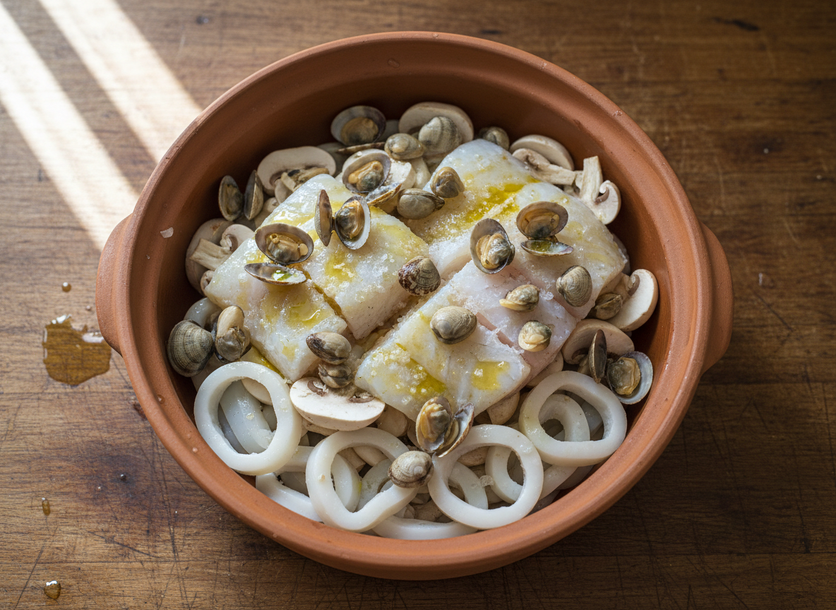 Cazuela de barro montada con calamares, champiñones, mero, almejas y chirlas antes de cocer
